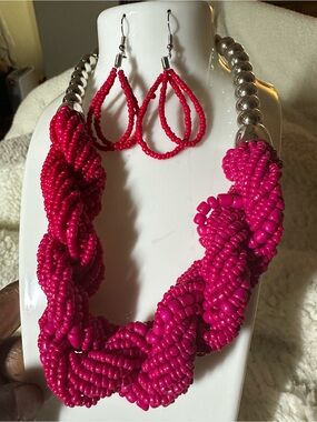 Handcrafted Hot Pink Beaded Necklace & Earrings Set